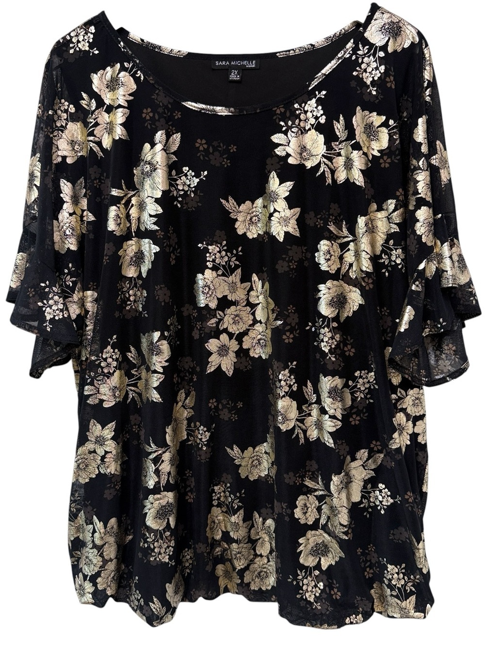 Sara Michelle Black Top Plus Size 2X Gold Floral Print Stretch Mesh Blouse